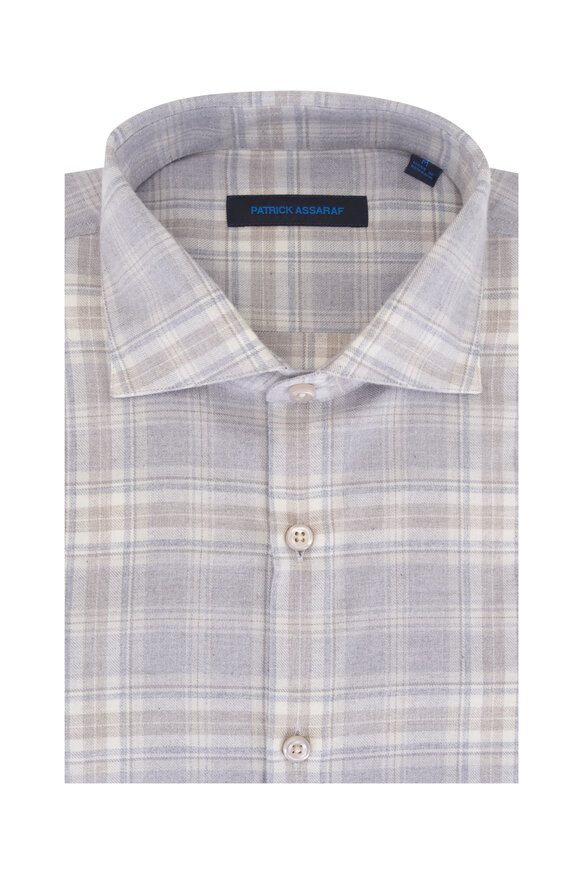 Patrick Assaraf Mist Gray & Brown Plaid Cotton Sport Shirt