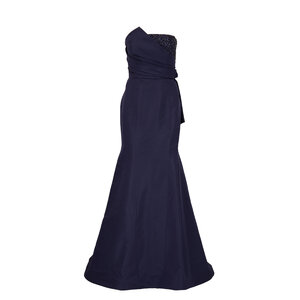 Carolina Herrera - Navy Blue Embroidered Strapless Trumpet Gown