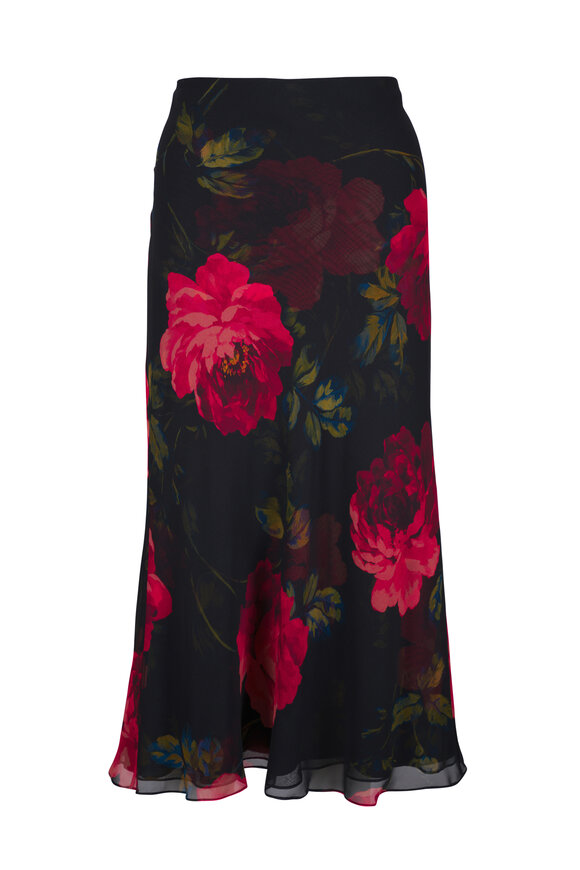 Carolina Herrera Black Multi Rose Print Midi Slip Skirt