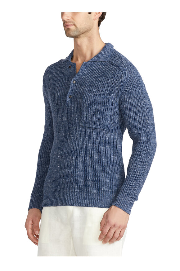 Ralph Lauren Purple Label - Fairfax Blue Ribbed Silk & Linen Polo Sweater