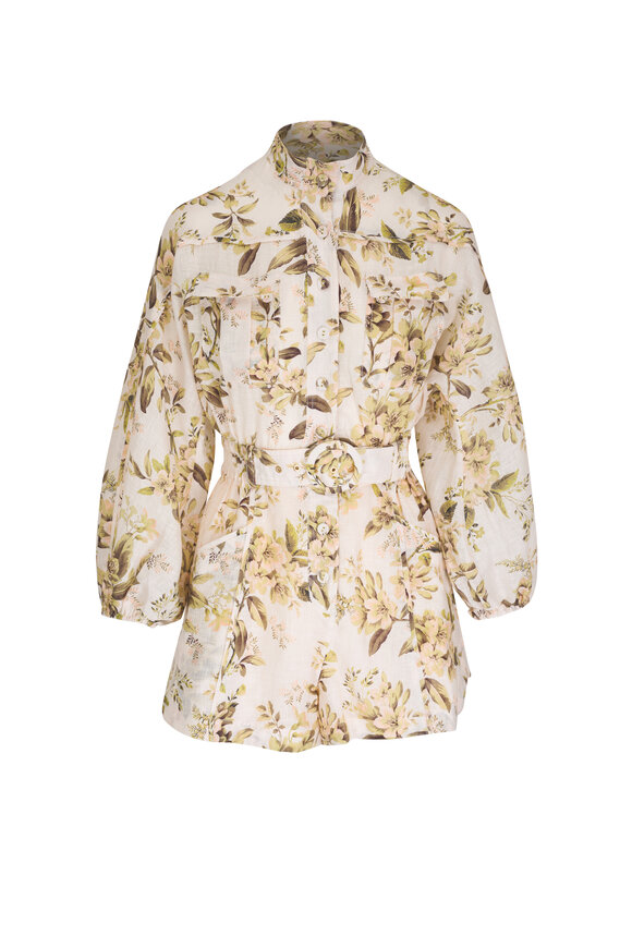 Zimmermann Golden Floral Paneled Linen Playsuit