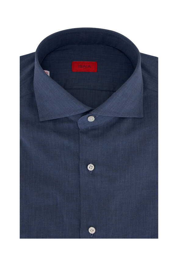 Isaia - Denim Blue Herringbone Soft Cotton Dress Shirt
