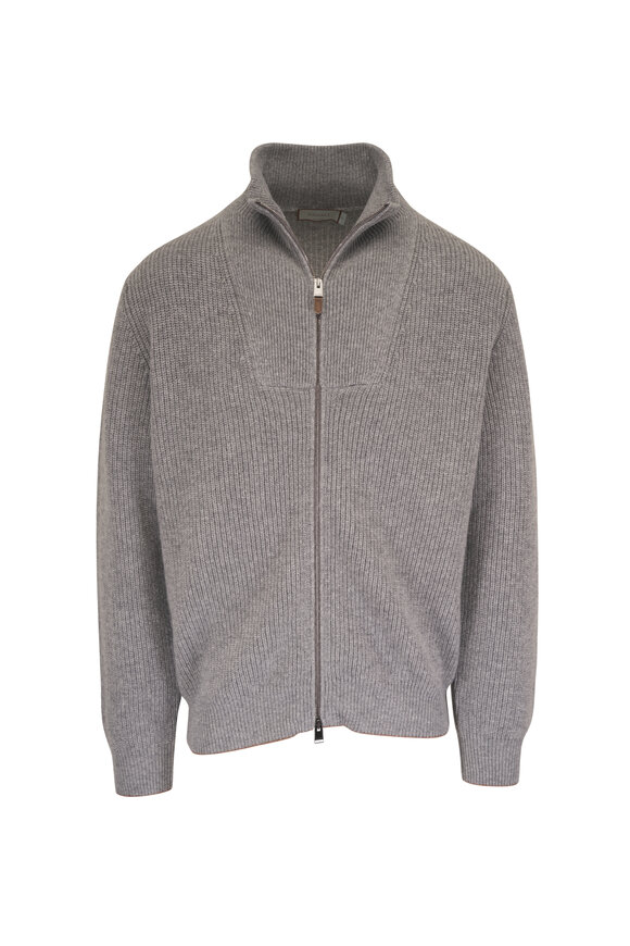 Canali Gray Ribbed Wool & Cashmere Full Zip Sweater - view 1