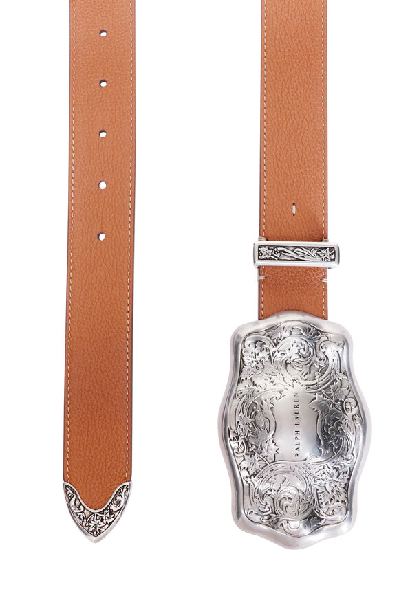 Ralph Lauren Tooled-Buckle Brown Pebbled Calfskin Belt - view 2