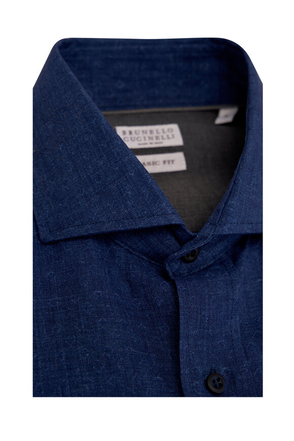 Brunello Cucinelli - Navy Diamond Print Linen Sport Shirt 