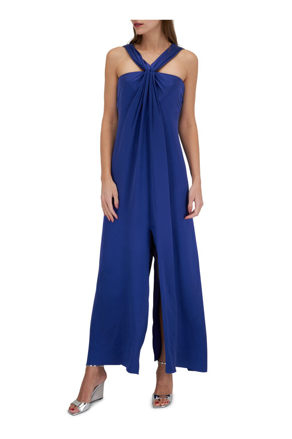 Giorgio Armani - Blue Silk Pleated Halter Gown 