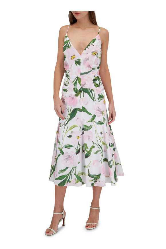 Carolina Herrera - Floral Print Ruched V-Neck Midi Dress