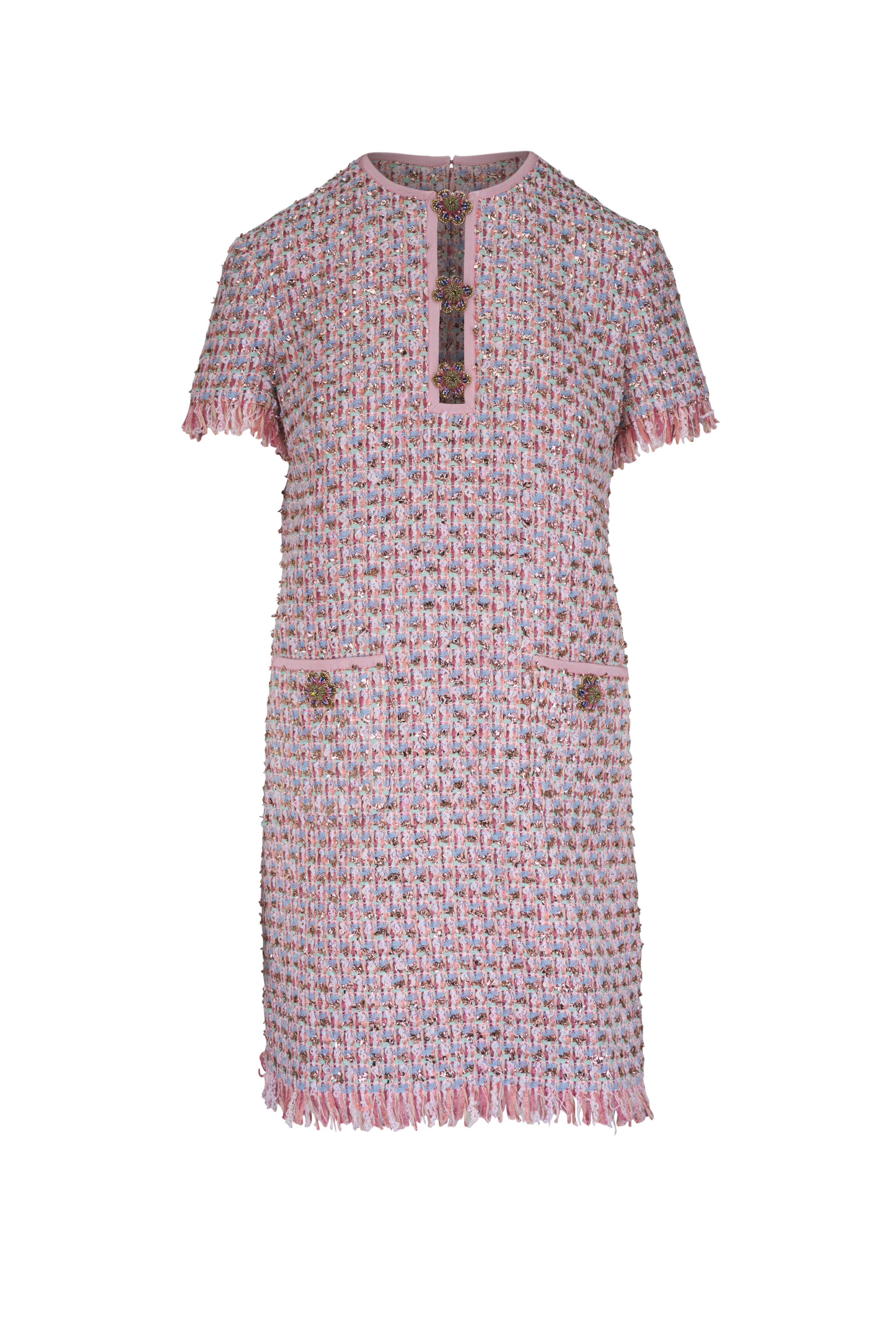 Valentino - Pink Embroidered Ribbon Tweed Mini Dress