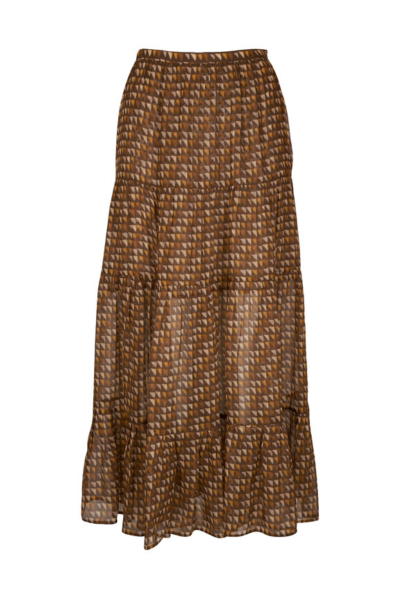 Kiton Brown & Yellow Sheer Print Tiered Maxi Skirt 