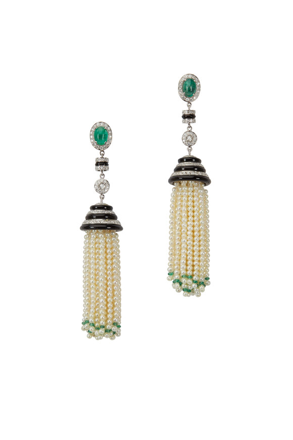 Loren Jewels - White Gold Emerald Pearl Diamond Tassel Earrings