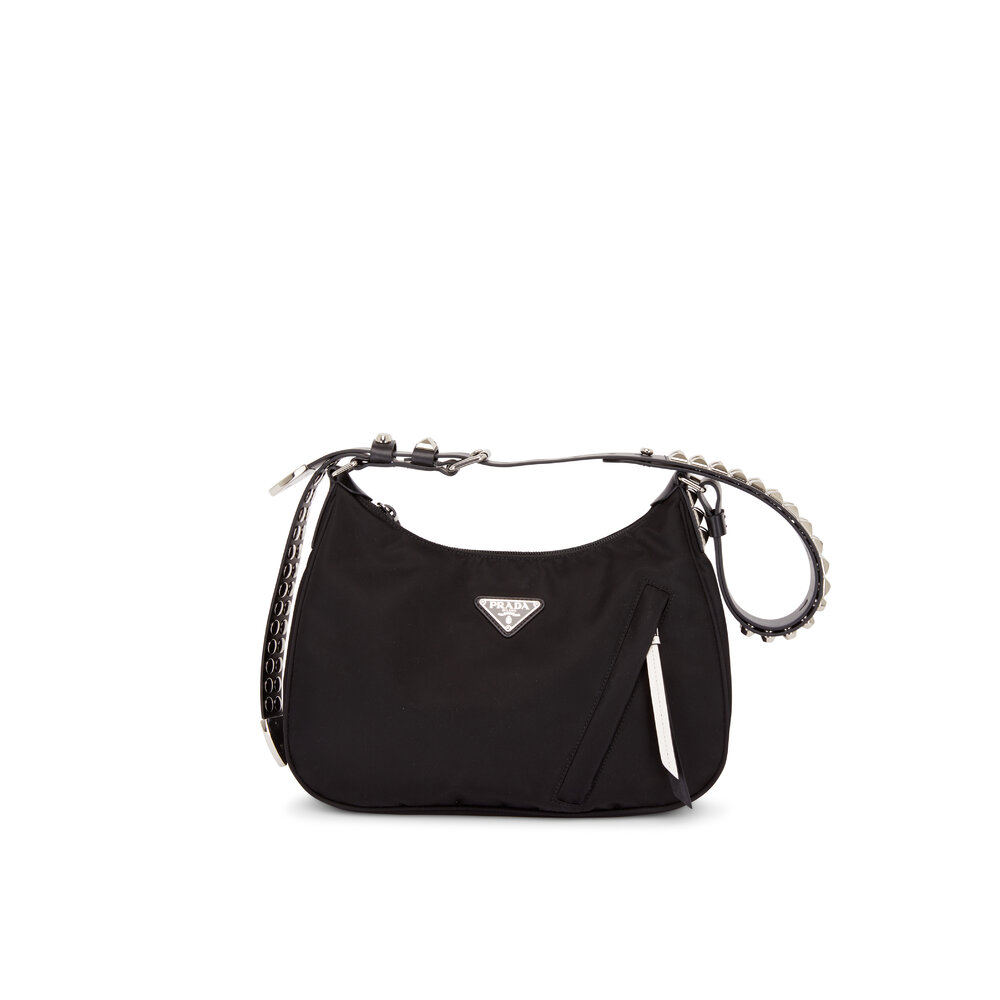 Prada - Black Tessuto & White Leather Studded Shoulder Bag