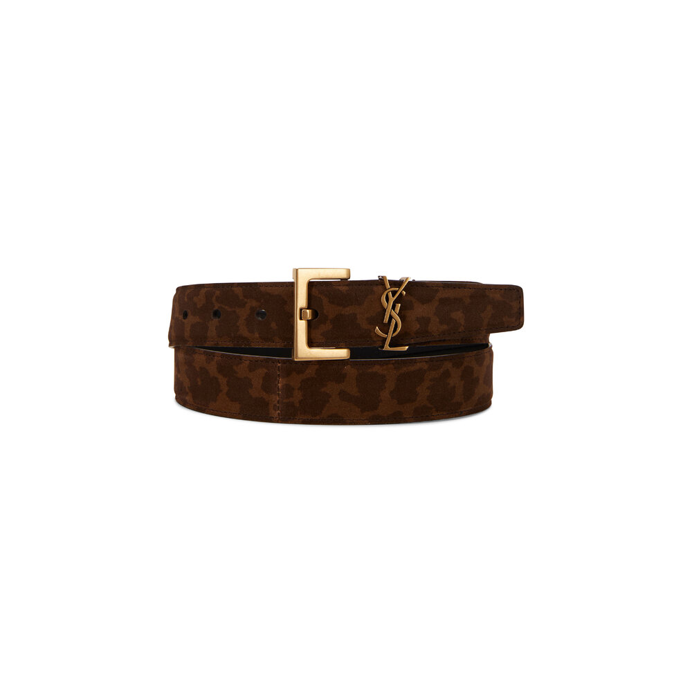 Saint Laurent - Brown Leopard Suede Logo Belt | Mitchell Stores