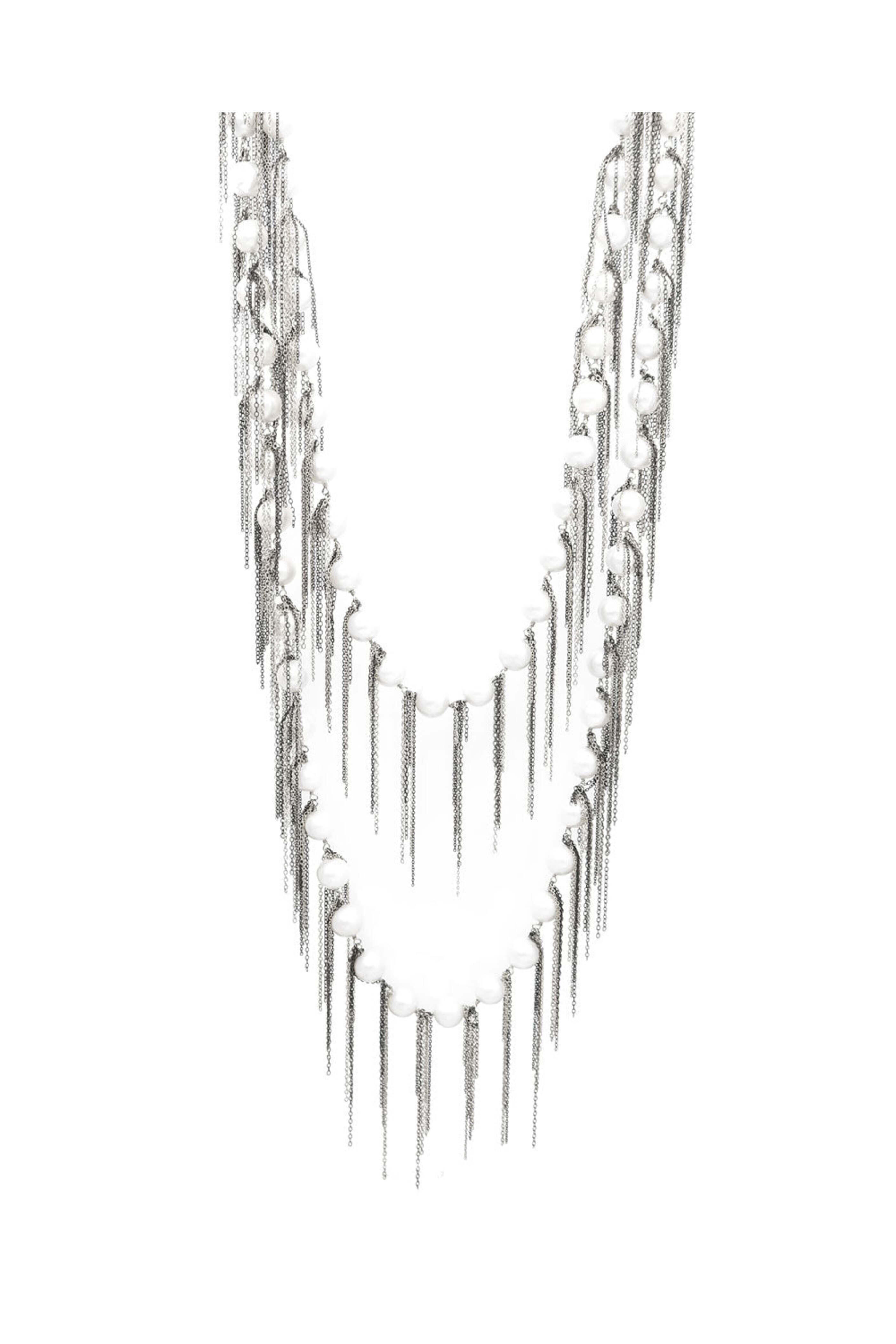 Samira 13 - Freshwater Pearl Oxidized Silver Fringe Necklace