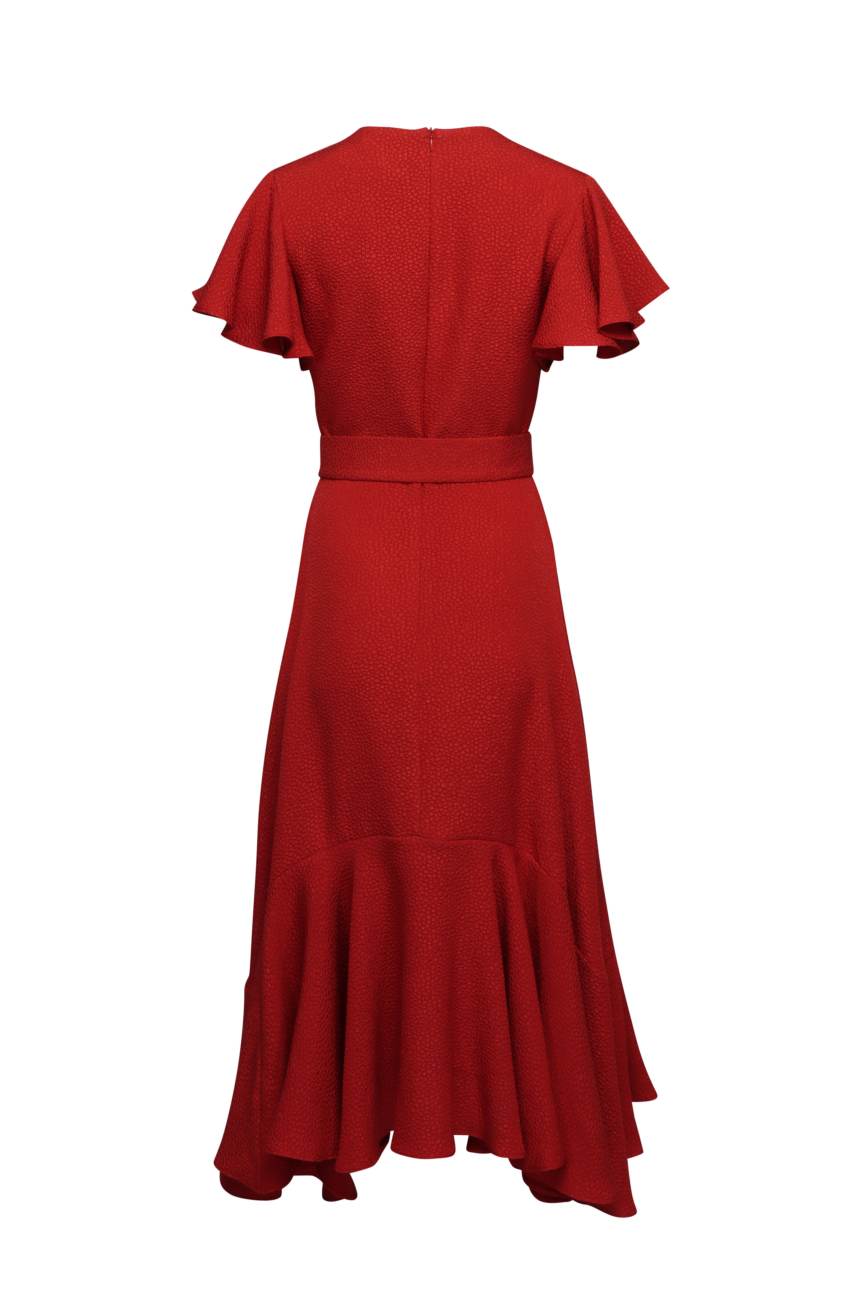 Edeline Lee - Dada Carmine Flou Bubble Jacquard Belted Dress