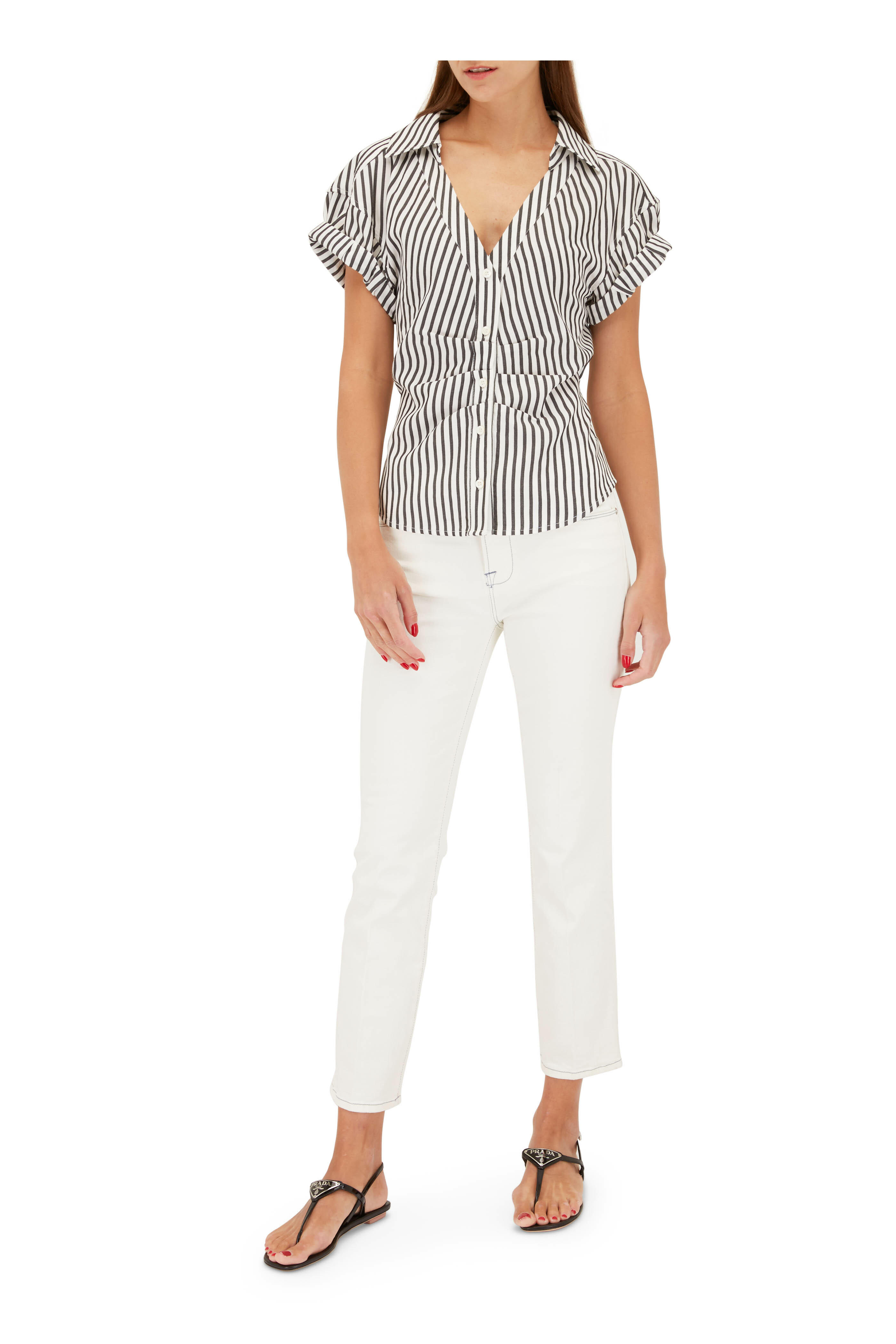 Frame - Black & White Button Down Rolled Sleeve Top