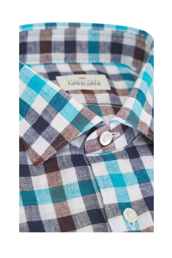 Alessandro Gherardi Teal & Brown Plaid Linen Sport Shirt - view 2