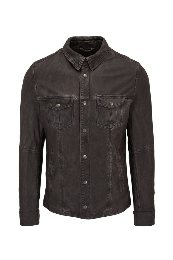 Gimos - Gray Distressed Leather Snap Button Jacket