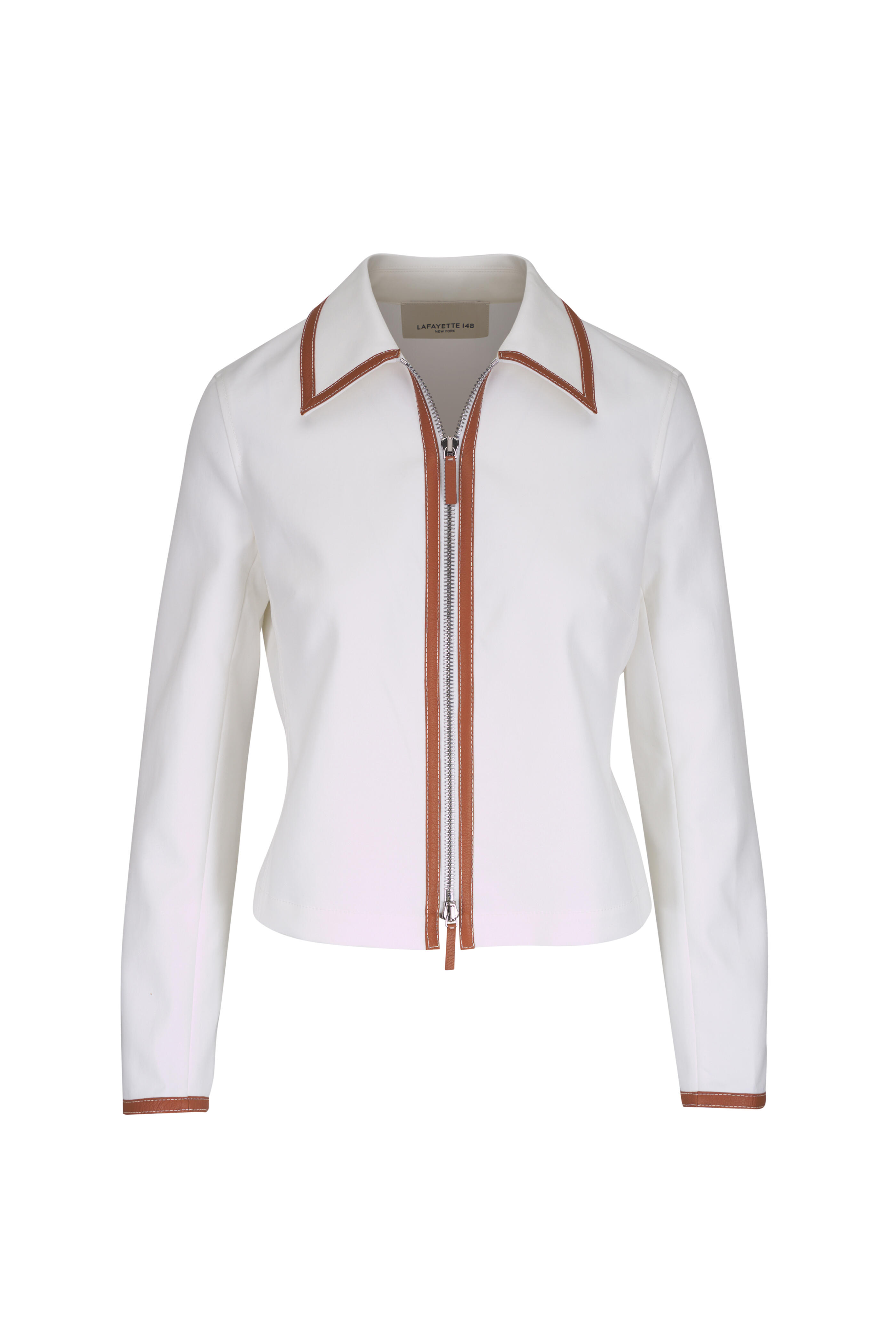 Lafayette 148 New York - White Cotton Twill Leather Trim Collared Jacket