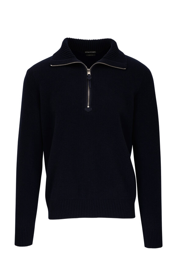 Tom Ford - Navy Wool Blend Quarter Zip Pullover
