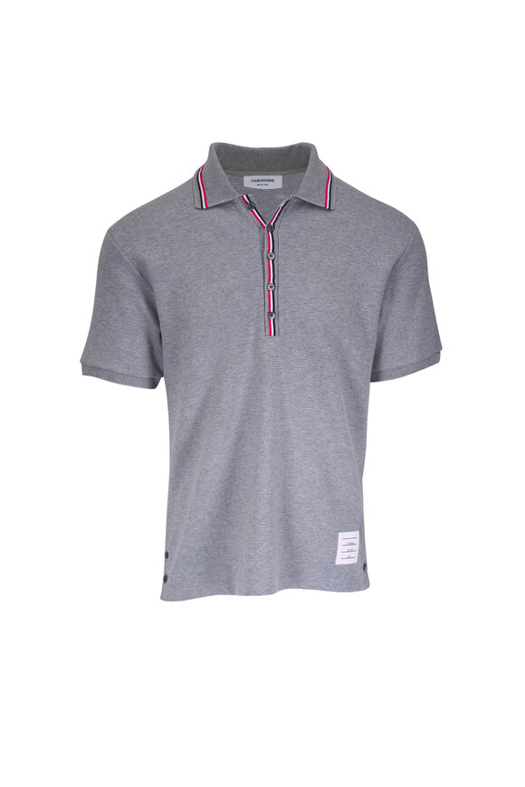 Thom Browne Gray RWB Stripe Waffle-Knit Cotton Polo Shirt