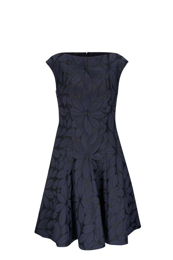 Talbot Runhof - Royal Navy Leaf Floral Jacquard Cocktail Dress