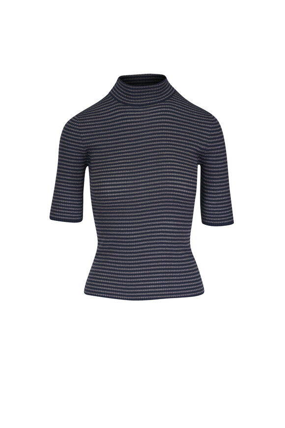 Brunello Cucinelli - Navy Ribbed Boat Neck Long Sleeve Top