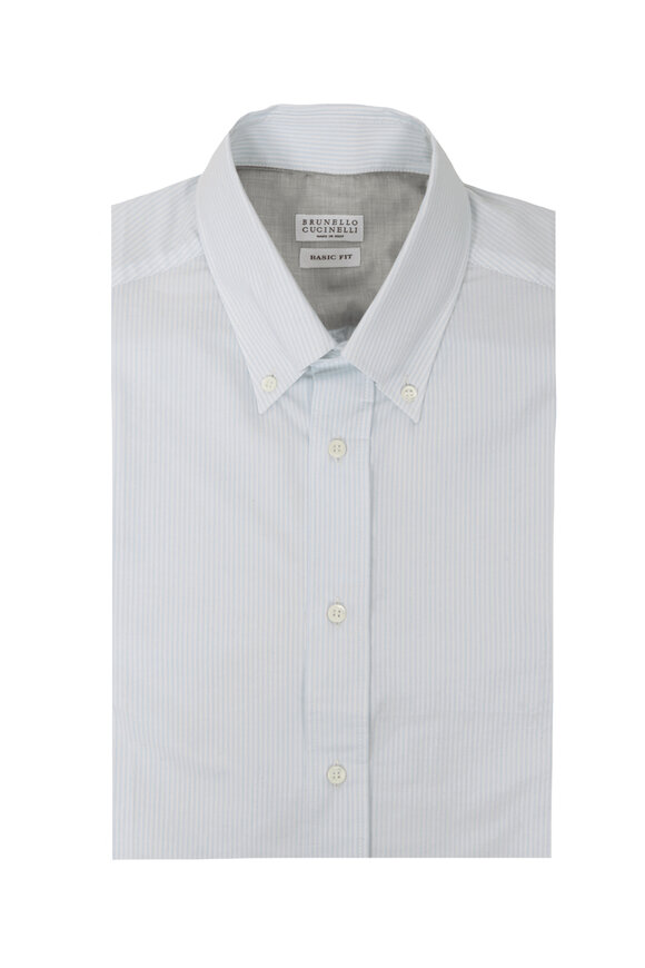 Brunello Cucinelli - White & Blue Striped Mandarin Collar