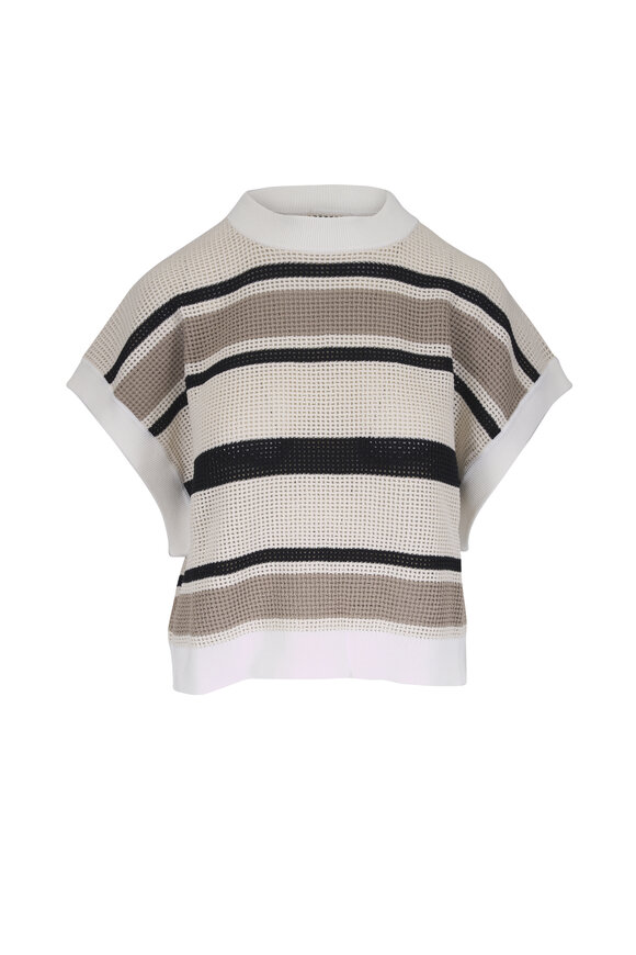 Brunello Cucinelli Black & Natural Stripe Cotton Knit Sweater - view 1