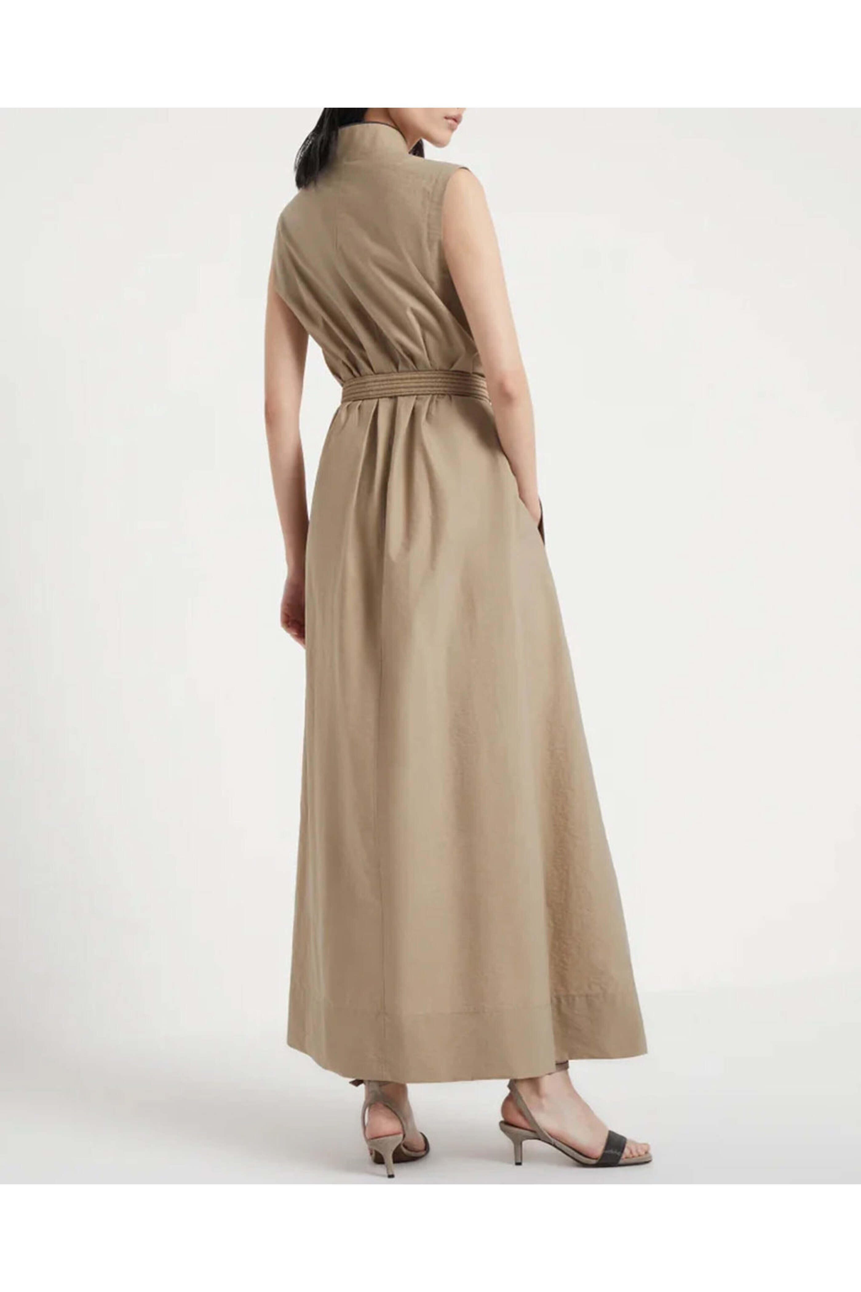 Brunello Cucinelli - Dark Beige Sleeveless Belted Midi Dress