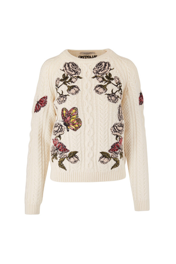 VALENTINO - バタフライ刺繍スウェット Valentino - White Butterfly & Rose Embroidered Wool Sweater