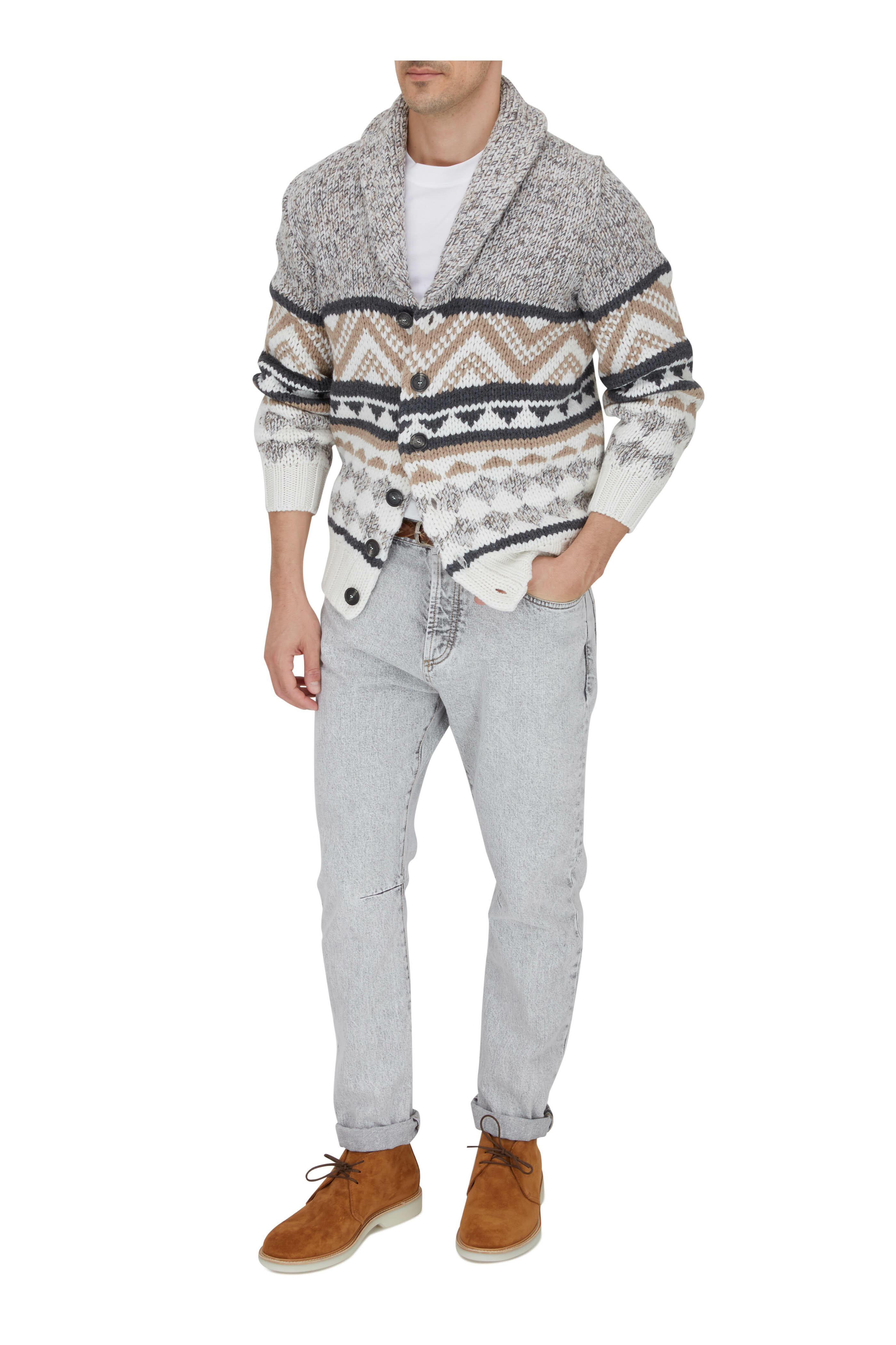 Brunello Cucinelli - Cream, Tan & Gray Aztec Knit Cardigan