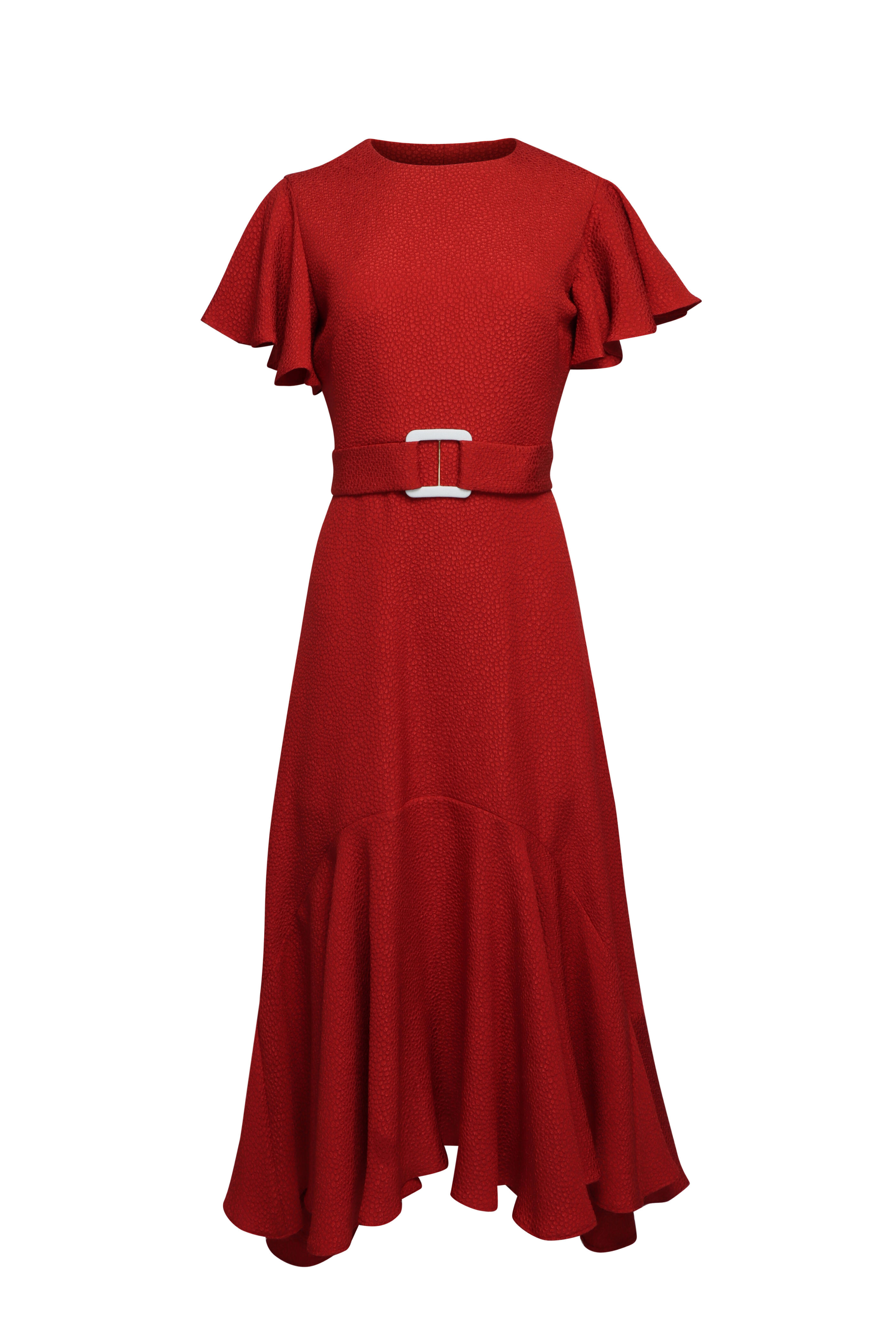 Edeline Lee - Dada Carmine Flou Bubble Jacquard Belted Dress