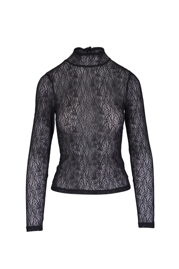 Veronica Beard Nate Black Sheer Lace Mock Neck Top