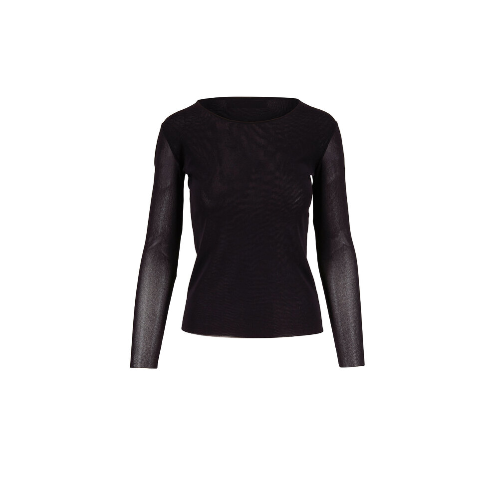 D.Exterior - Black Stretch Tulle Sheer Sleeve Blouse