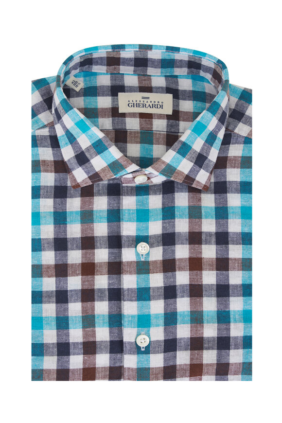 Alessandro Gherardi Teal & Brown Plaid Linen Sport Shirt