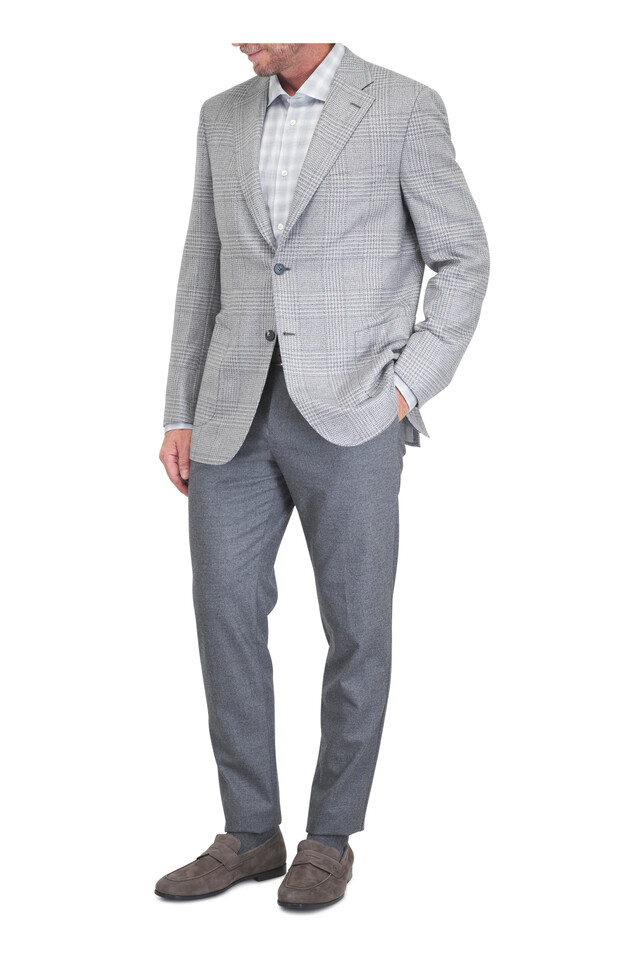 Designer outfit featuring Tiberio Gray Suede Loafer and Santini Light Gray Check Sport Shirt