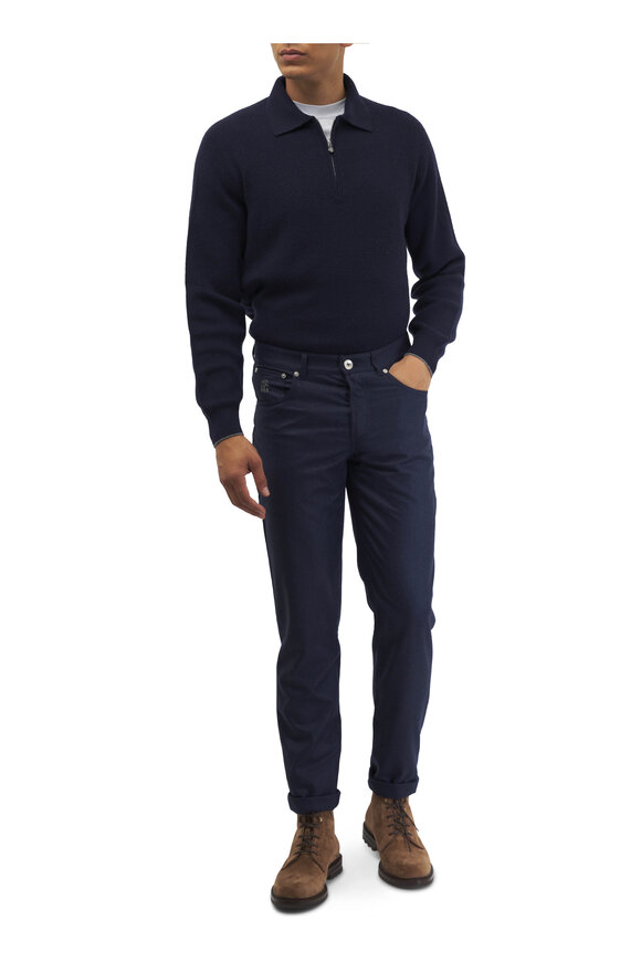 Brunello Cucinelli - Navy Blue Cashmere Ribbed Quarter Zip Pullover