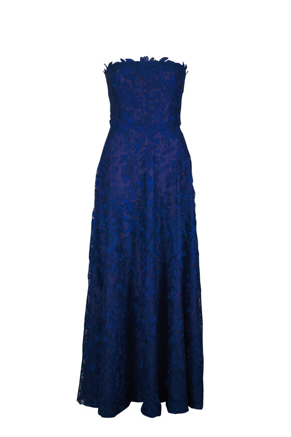 Naeem Khan Navy Blue Metallic Lace Strapless Gown - view 1