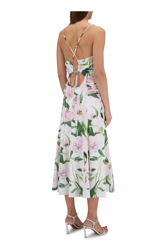 Carolina Herrera - Floral Print Ruched V-Neck Midi Dress