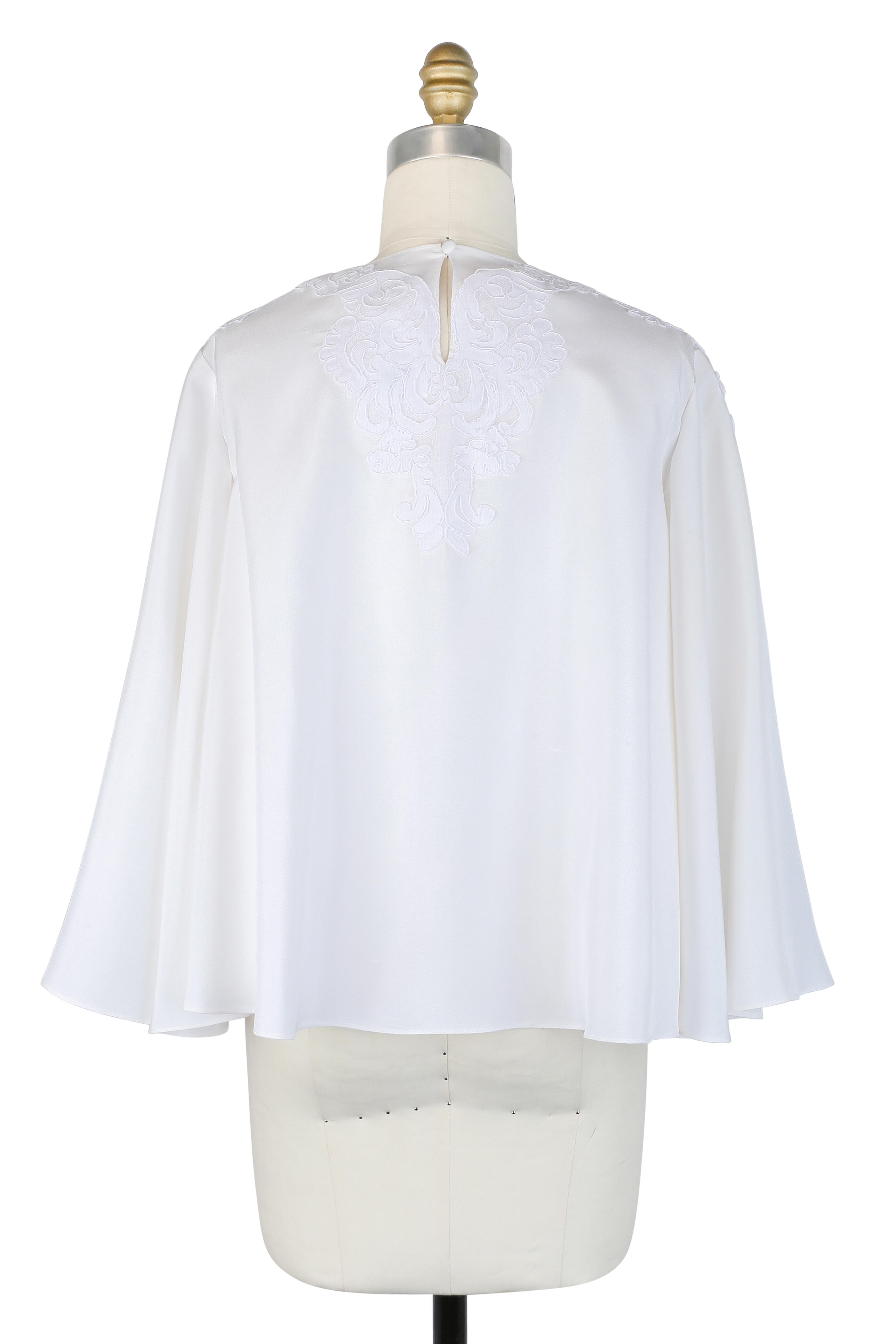 Reem Acra - White Embroidered Silk Bell Sleeve Blouse