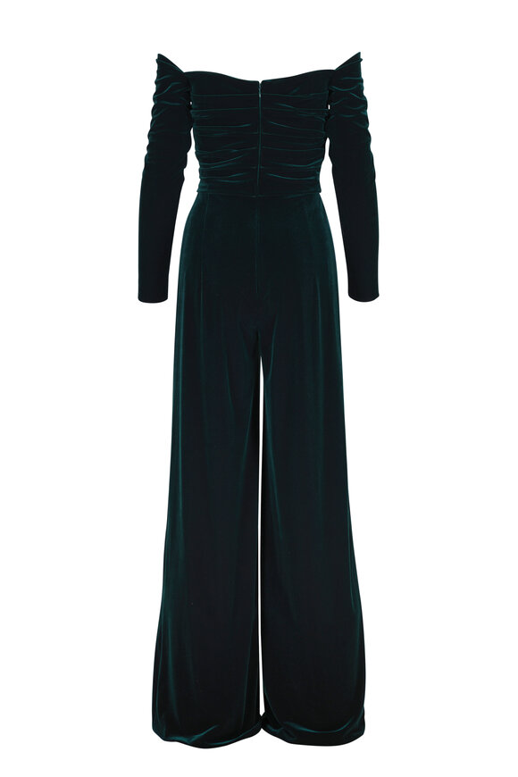 Talbot Runhof Hunter Green Stretch Velvet Long Sleeve Jumpsuit - view 3