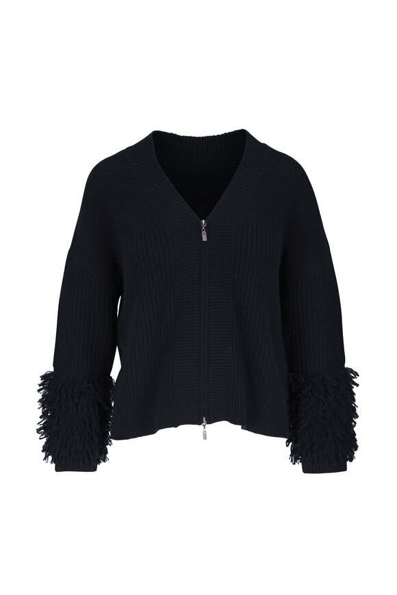 Kinross Black Wool & Cashmere Fringe Sleeve Cardigan - view 1