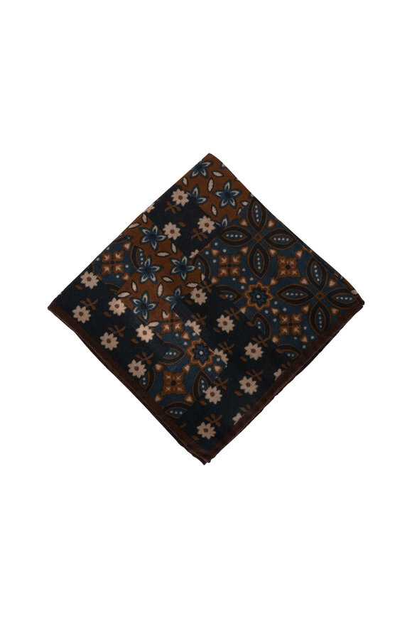 Canali Brown & Navy Floral Patchwork Pocket Square 