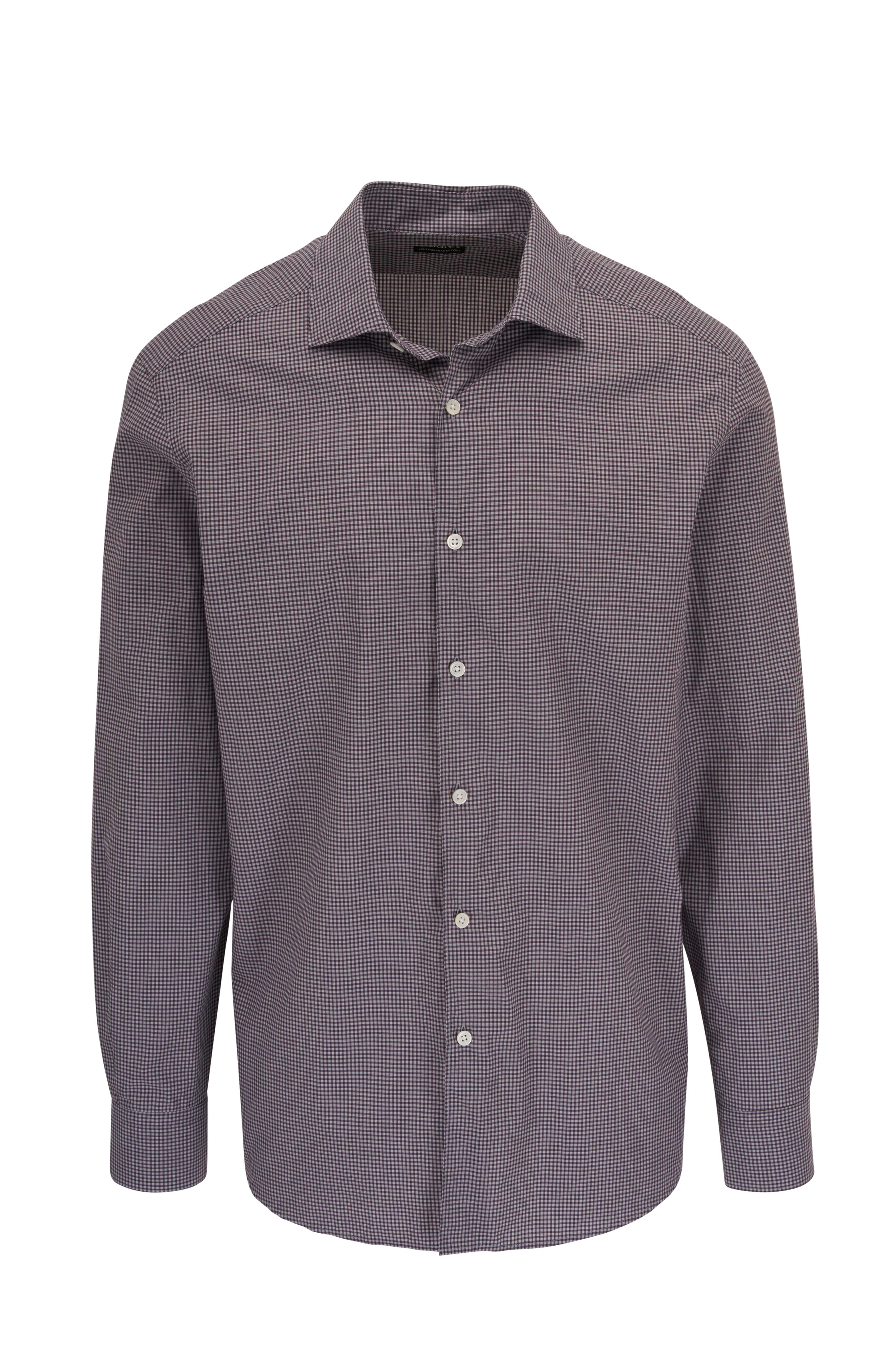 Zegna - Burgundy Mini Check Cotton Sport Shirt | Mitchell Stores