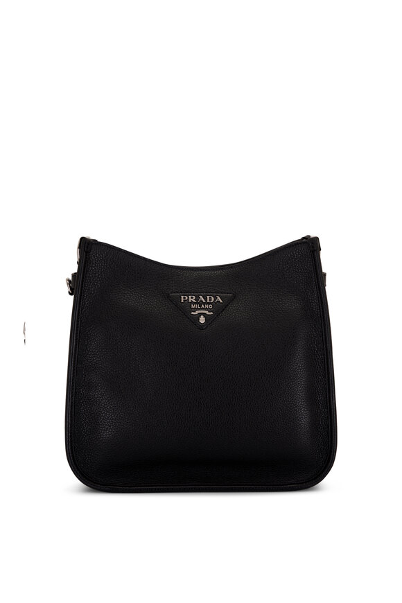 Prada - Black Leather Embroidered Logo Strap Hobo