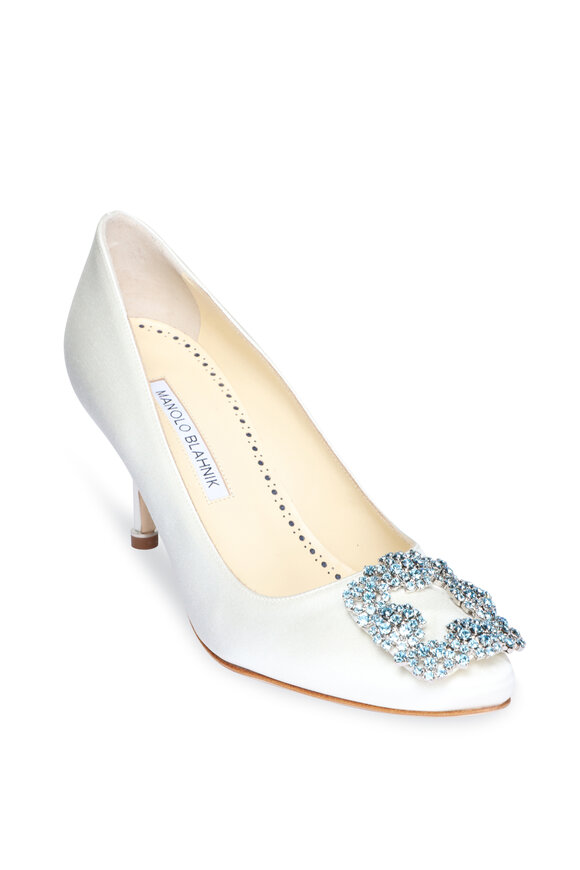 Manolo Blahnik Hangisi Ivory Satin Jewel Buckle Pump, 70mm - view 1