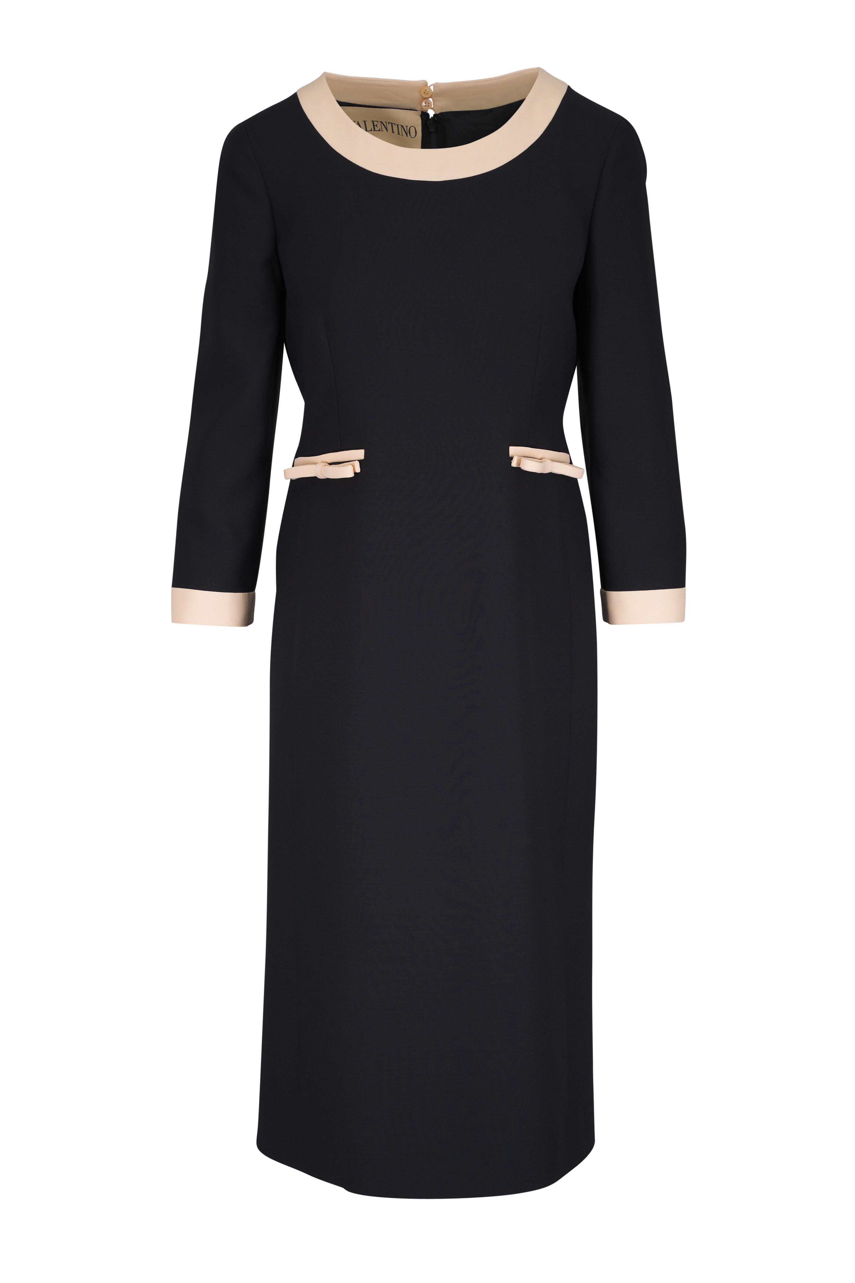 Valentino - Crepe Couture Black & Cream Bow Trim Midi Dress