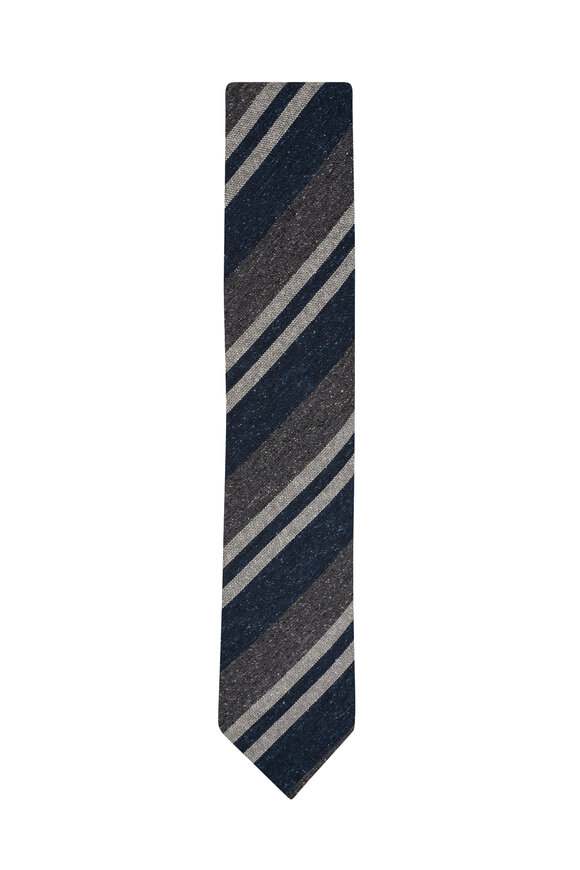 Eton - Navy, Gray & White Silk & Cotton Striped Necktie