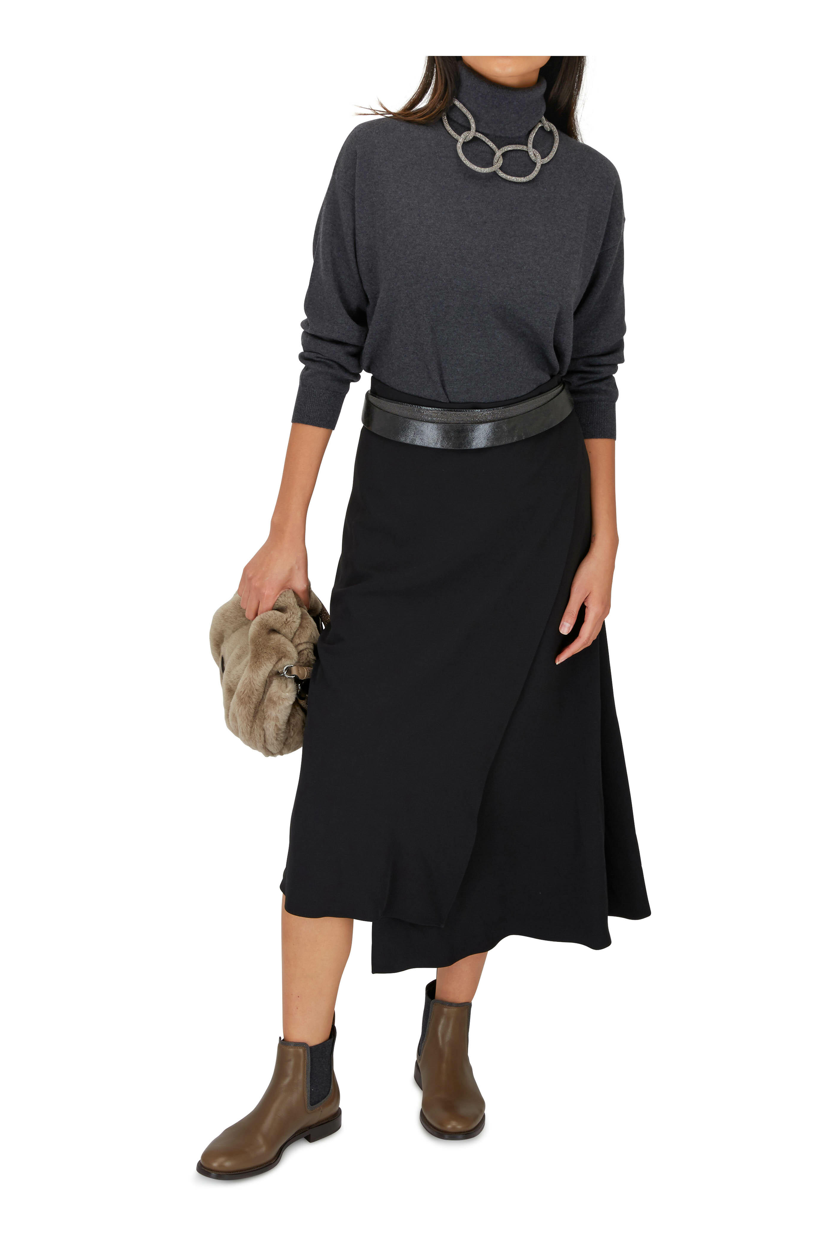Brunello Cucinelli - Black Silk Crepe Faux Wrap Side-Zip Skirt