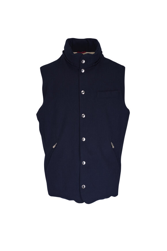 Brunello Cucinelli Navy Blue Wool Flannel Down Vest - view 3